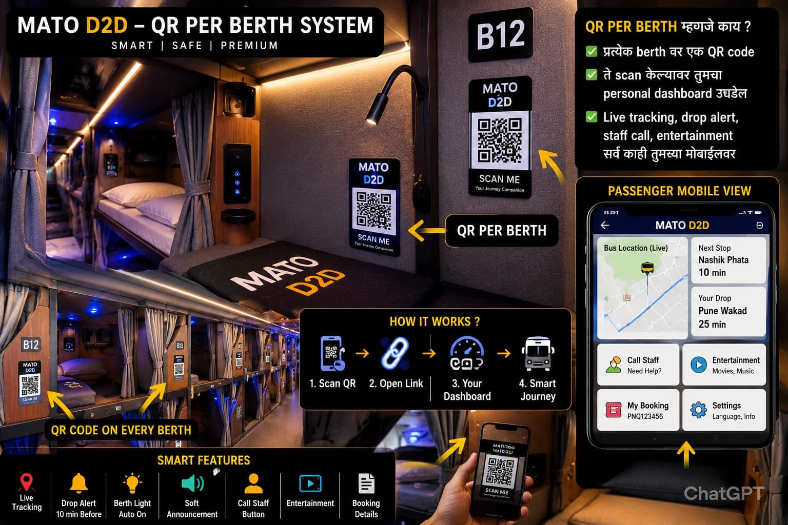 MATO D2D QR per berth system with passenger mobile view and berth dashboard