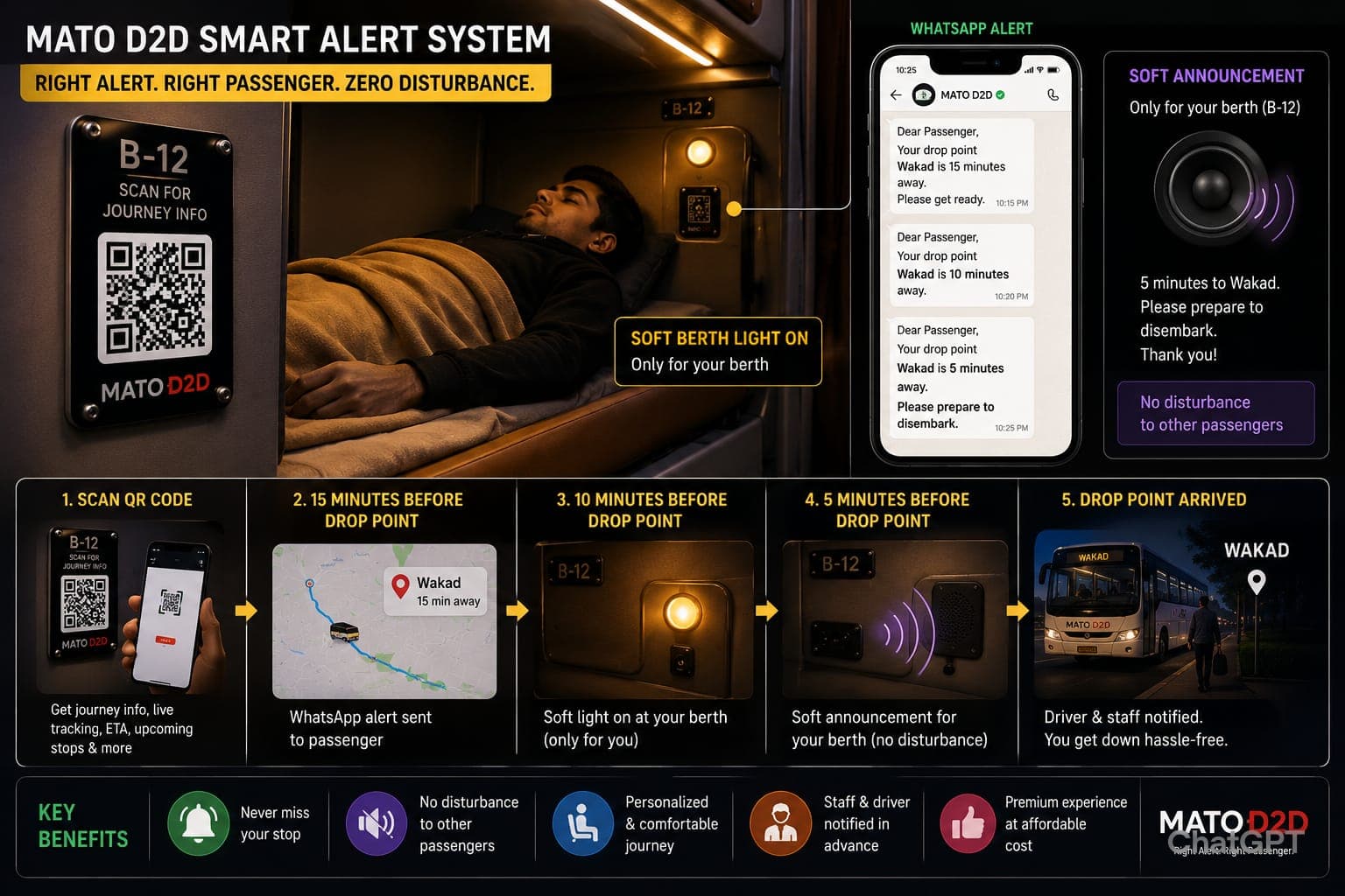 MATO D2D smart alert system showing berth light, WhatsApp alert and drop point flow